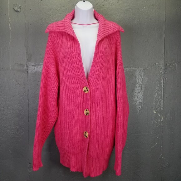 Free People Swim Too Deep Cardigan Sweater S Oversized Chunky Knit Fuchsia Flame - Picture 1 of 16